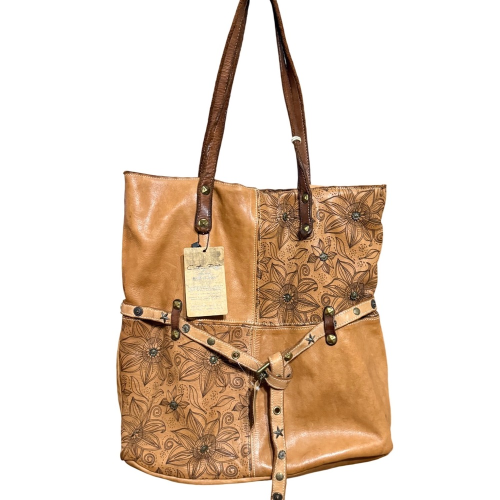 Costanza Rota Italian Leather Tote NEW Floral Embossed Panels Boho Large Bag via - Picture 2 of 15